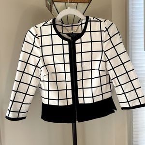 White House Black Market Cropped Dress Zip Blazer Black Square Pattern Size 4P